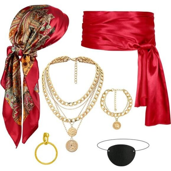 Pirate Costume Accessories Set Hat Bandana Sash Eye Patch Earring Necklace - Picture 1 of 8